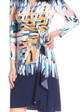 BCBGMaxAzria Navy Wrap Dress with Pastel Brushstroke Print